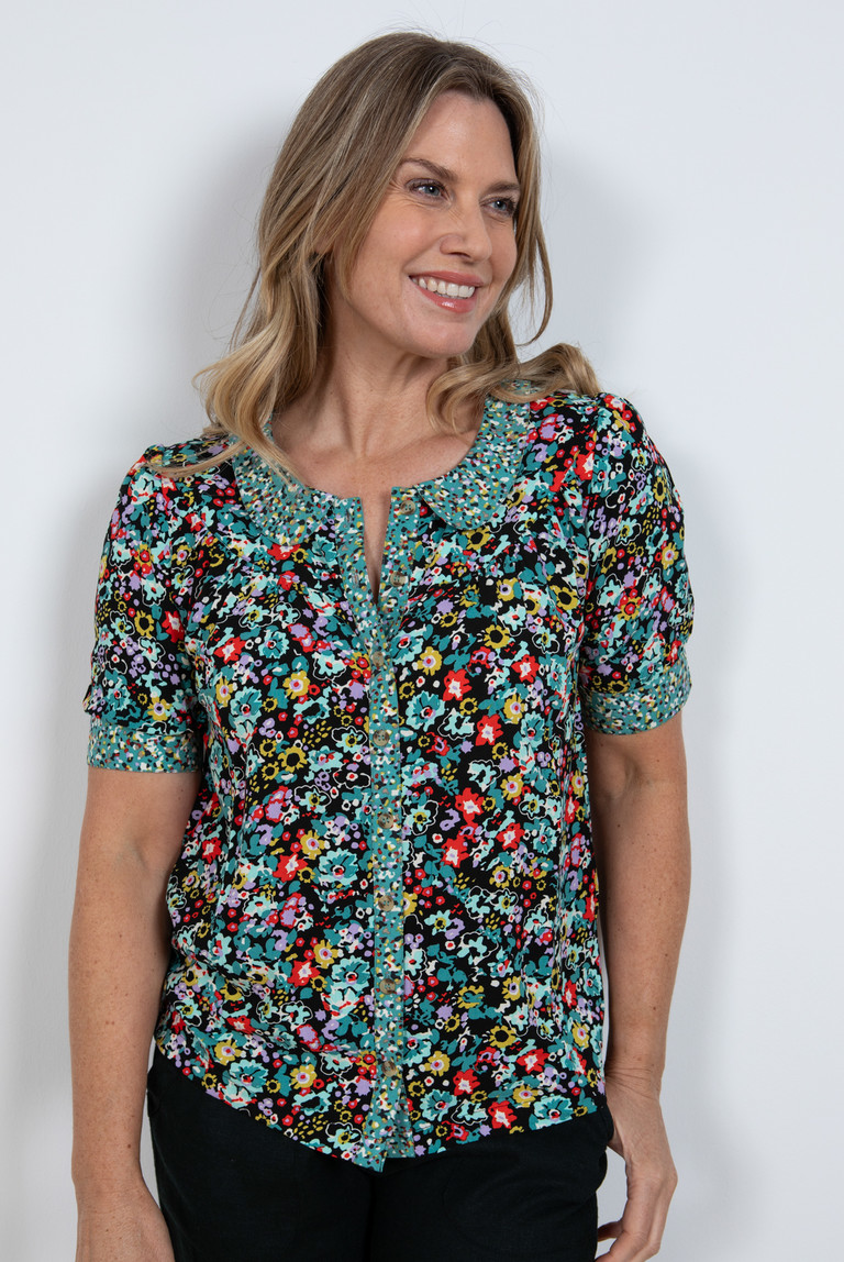 Lucille Top Wildflower & Terrazzo | Multicolour Short Sleeve Shirt ...