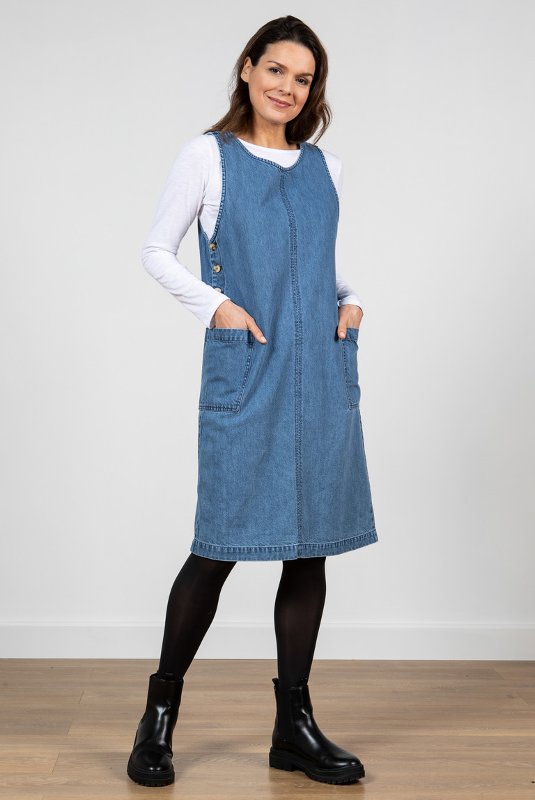 Denim pinafore dress with on sale tights